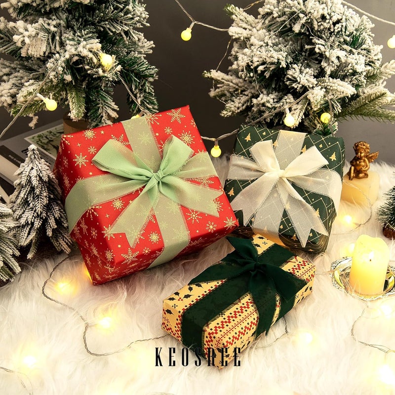 KEOSREE 3 Rolls Cream White & Sage Green Handmade Chiffon Ribbon,1.5" x 21Yd Frayed Fringe Silk Ribbons (3 Rolls *7Yd) for Gifts Wrapping, Wedding Invitations, Bridal Bouquets, Decorations - Image 4